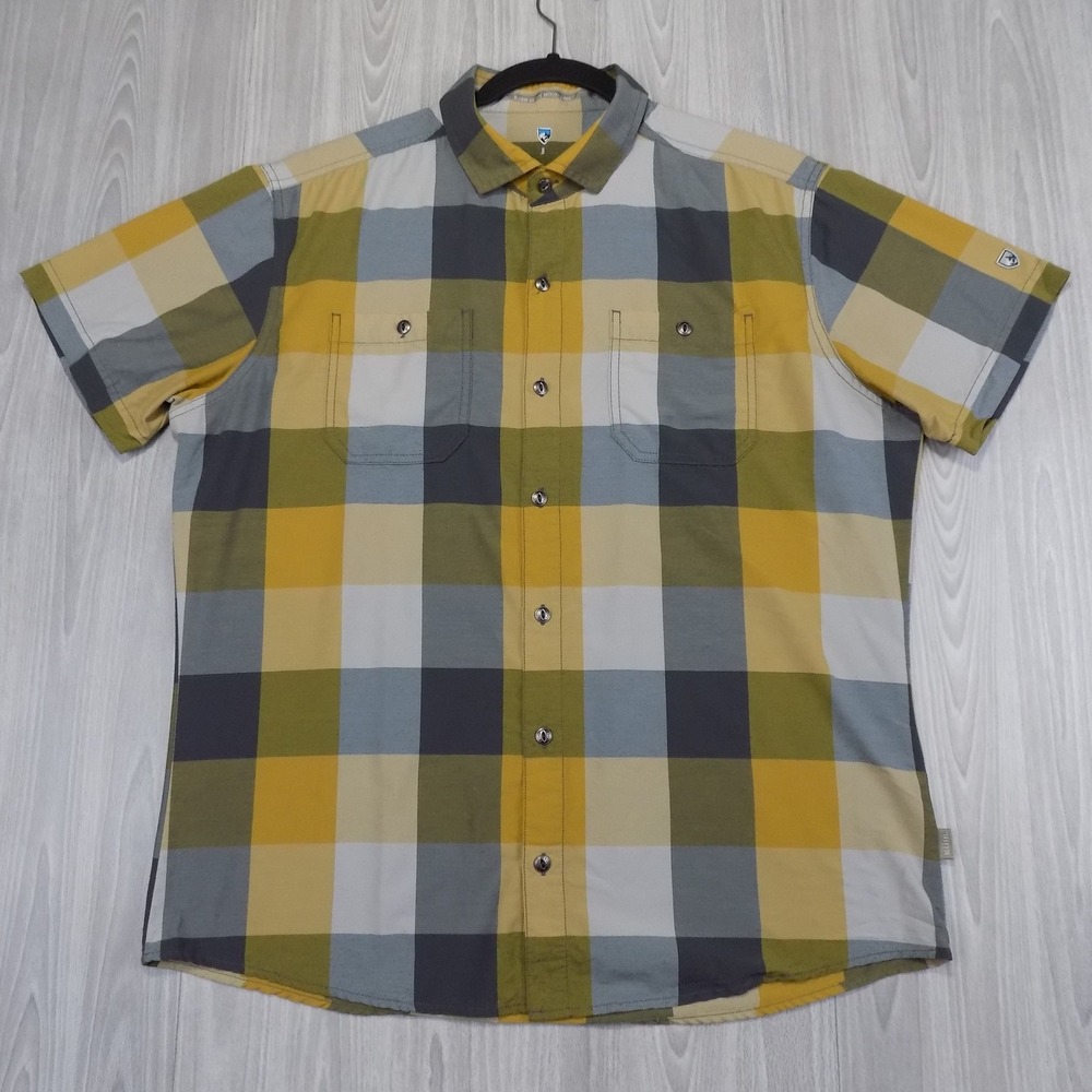 KUHL Styk 7383 Short Sleeve Shirt Mens L Yellow Plaid Button-Down EUC